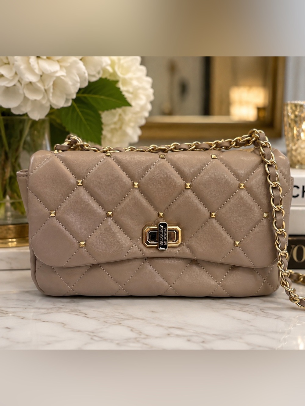Badgley Mischka Taupe Quilted Crossbody Bag Gold Chain Studded Shoulder Purse